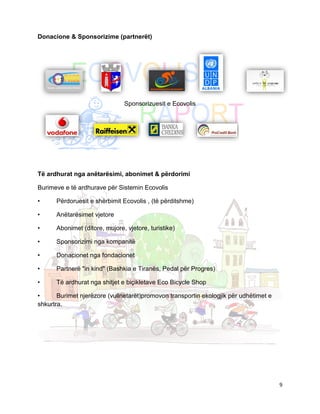 Donacione & Sponsorizime (partnerët)




                               Sponsorizuesit e Ecovolis




Të ardhurat nga anëtarësimi, abonimet & përdorimi

Burimeve e të ardhurave për Sistemin Ecovolis

•     Përdoruesit e shërbimit Ecovolis , (të përditshme)

•     Anëtarësimet vjetore

•     Abonimet (ditore, mujore, vjetore, turistike)

•     Sponsorizimi nga kompanitë

•     Donacionet nga fondacionet

•     Partnerë "in kind" (Bashkia e Tiranës, Pedal për Progres)

•     Të ardhurat nga shitjet e biçikletave Eco Bicycle Shop

•      Burimet njerëzore (vullnetarët)promovon transportin ekologjik për udhëtimet e
shkurtra.




                                                                                       9
 