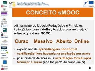 Elearning, Communication and Open-data:
Massive Mobile, Ubiquitous and Open Learning
15
Alinhamento do Modelo Pedagógico e Princípios
Pedagógicos com a definição adoptada no projeto
sobre o que é um MOOC
Curso Massivo Aberto Online
- experiência de aprendizagem não-formal
- certificação livre baseada na avaliação por pares
- possibilidade de acesso a acreditação formal após
terminar o curso (não faz parte do curso em si)
CONCEITO sMOOC
 