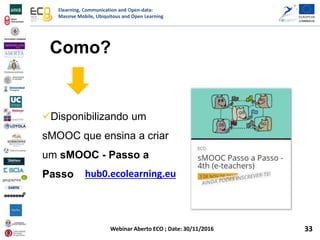 Elearning, Communication and Open-data:
Massive Mobile, Ubiquitous and Open Learning
Webinar Aberto ECO ; Date: 30/11/2016
Como?
Disponibilizando um
sMOOC que ensina a criar
um sMOOC - Passo a
Passo hub0.ecolearning.eu
33
 
