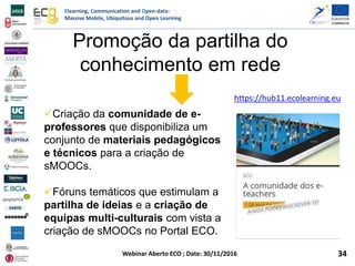 Elearning, Communication and Open-data:
Massive Mobile, Ubiquitous and Open Learning
Webinar Aberto ECO ; Date: 30/11/2016
Promoção da partilha do
conhecimento em rede
Criação da comunidade de e-
professores que disponibiliza um
conjunto de materiais pedagógicos
e técnicos para a criação de
sMOOCs.
Fóruns temáticos que estimulam a
partilha de ideias e a criação de
equipas multi-culturais com vista a
criação de sMOOCs no Portal ECO.
https://hub11.ecolearning.eu
34
 