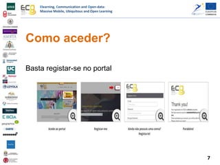 Elearning, Communication and Open-data:
Massive Mobile, Ubiquitous and Open Learning
Como aceder?
Basta registar-se no portal
7
 
