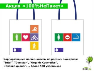 Корпоративные мастер-классы по росписи эко-сумок : “ Intel”,   “Comstar”, “Organic   Cosmetics” ,  «Бизнес-диалог»… Более 500 участников  Акция «100%НеПакет» 