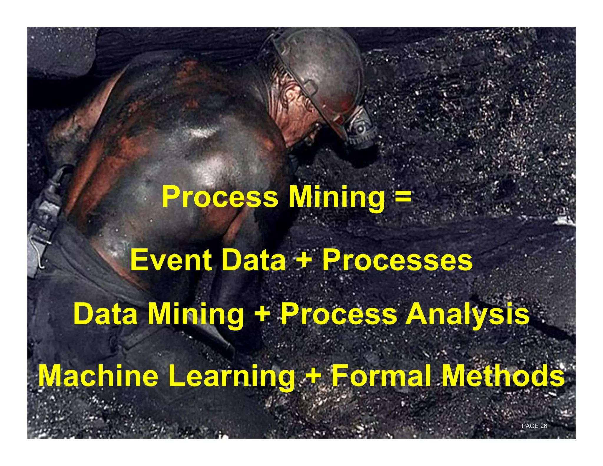 Process Mining =

     Event Data + Processes
  Data Mining + Process Analysis

Machine Learning + Formal Methods
                               PAGE 26
 