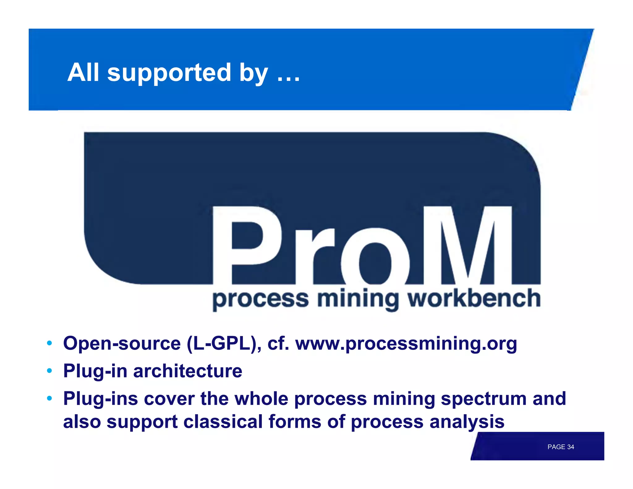 All supported by …




• Open-source (L-GPL), cf. www.processmining.org
• Plug-in architecture
• Plug-ins cover the whole process mining spectrum and
  also support classical forms of process analysis
                                                    PAGE 34
 