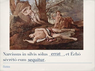 Narcissus in silvīs sōlus _______, et Ēchō
sēcrētō eum ________.
Pictūra
errat
sequitur
 