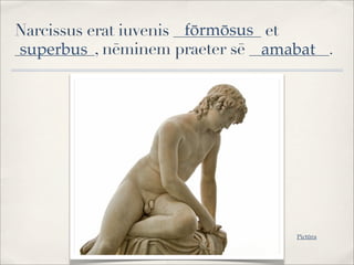 Narcissus erat iuvenis ___________ et
__________, nēminem praeter sē __________.
fōrmōsus
superbus amabat
Pictūra
 