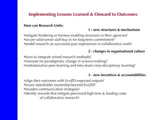 EcoZD research units: Bridges and barriers to integrative research approaches