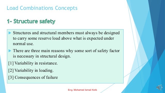 Load Combinations Concepts
 Structures and structural members must always be designed
to carry some reserve load above what is expected under
normal use.
 There are three main reasons why some sort of safety factor
is necessary in structural design.
[1] Variability in resistance.
[2] Variability in loading.
[3] Consequences of failure
Eng. Mohamed Ismail Kotb
 