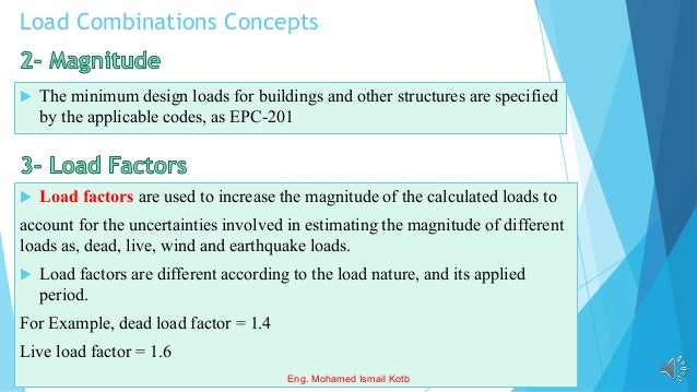Load Combinations Concepts
 The minimum design loads for buildings and other structures are specified
by the applicable codes, as EPC-201
 Load factors are used to increase the magnitude of the calculated loads to
account for the uncertainties involved in estimating the magnitude of different
loads as, dead, live, wind and earthquake loads.
 Load factors are different according to the load nature, and its applied
period.
For Example, dead load factor = 1.4
Live load factor = 1.6
Eng. Mohamed Ismail Kotb
 