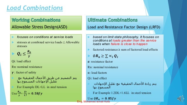 Load Combinations
Allowable Stress Design(ASD)
 focuses on conditions at service loads
 stresses at combined service loads ≤ Allowable
stresses
 𝑸𝒊 ≤
𝑹𝒏
𝜸
Qi: load effect
Rn: nominal resistance
𝜸 : factor of safety
 ‫مع‬ ‫الحقيقية‬ ‫األحمال‬ ‫طريق‬ ‫عن‬ ‫التصميم‬ ‫يتم‬
‫بها‬ ‫المسموح‬ ‫اإلجهادات‬ ‫تقليل‬
 For Example DL+LL in steel tension
Use
𝑹𝒏
𝜸
=
𝒇𝒚
𝟏.𝟕
= 𝟎. 𝟓𝟖𝒇𝒚
Load and Resistance Factor Design (LRFD)
 based on limit state philosophy. It focuses on
conditions at loads greater than the service
loads when failure is close to happen
 factored resistance ≥ sum of factored load effects
 ∅𝑹𝒏 ≥ σ ∝𝒊 𝑸𝒊
ø: resistance factor
Rn: nominal resistance
α: load factors
Qi: load effect
 ‫اإلجهادات‬ ‫تقليل‬ ‫مع‬ ‫الحقيقية‬ ‫األحمال‬ ‫زيادة‬ ‫يتم‬
‫بها‬ ‫المسموح‬
 For Example 1.2DL+1.6LL in steel tension
Use ∅𝑹𝒏 = 𝟎. 𝟖𝟓𝒇𝒚
Eng. Mohamed Ismail Kotb
 