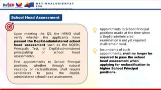 N A T I O N A L O R I E N T A T
I O N
Expanded Career Progression System
School Head Assessment
Upon meeting the QS, the HRMO shall
verify whether the applicants have
passed the DepEd-administered school
head assessment such as the NQESH,
Principal’s Test, or DepEd-administered
principalship or school head
assessment/s.
First appointments to School Principal
positions, whether through natural
vacancy or reclassification, shall require
candidates to pass the DepEd-
administered school head assessment.
Appointments to School Principal
positions made at the time when
a DepEd-administered
examination is not yet required
shall remain valid.
Incumbents of such
appointments, shall no longer be
required to pass the school
head assessment when
applying for reclassification to
higher School Principal
positions.
 