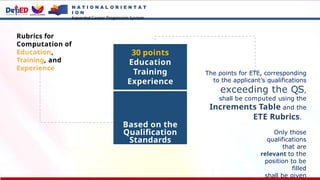 Rubrics for
Computation of
Education,
Training, and
Experience
Based on the
Qualification
Standards
30 points
Education
Training
Experience
The points for ETE, corresponding
to the applicant’s qualifications
exceeding the QS,
shall be computed using the
Increments Table and the
ETE Rubrics.
Only those
qualifications
that are
relevant to the
position to be
filled
shall be given
N A T I O N A L O R I E N T A T
I O N
Expanded Career Progression System
 
