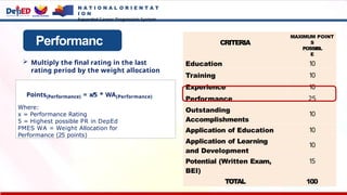 CRITERIA
MAXIMUM POINT
S
POSSIBL
E
Education 10
Training 10
Experience 10
Performance 25
Outstanding
Accomplishments
10
Application of Education 10
Application of Learning
and Development
10
Potential (Written Exam,
BEI)
15
TOTAL 100
Performanc
e
 Multiply the final rating in the last
rating period by the weight allocation
Points(Performance) = x/5 * WA(Performance)
Where:
x = Performance Rating
5 = Highest possible PR in DepEd
PMES WA = Weight Allocation for
Performance (25 points)
N A T I O N A L O R I E N T A T
I O N
Expanded Career Progression System
 