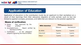 Application of Education
Application of education is the contribution made by an applicant to their workplace as a
result of their learnings from their education degree/s or units earned, such as but not
limited to applied concepts, processes, and skills that are relevant to the position applied for.
Means of verification:
a. Action Plan approved by the
Head of Office
b. Accomplishment Report verified by
the Head of Office
c. Certification of the utilization/
adoption signed by the Head of Office
MOVs Submitted
Points(Application of Education)
Relevant Not Relevant
ALL MOVs 10 points 5 points
Only A & B 7 points 3 points
Only A 5 points 1 point
N A T I O N A L O R I E N T A T
I O N
Expanded Career Progression System
 