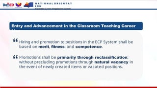 N A T I O N A L O R I E N T A T
I O N
Expanded Career Progression System
Hiring and promotion to positions in the ECP System shall be
based on merit, fitness, and competence.
Promotions shall be primarily through reclassification;
without precluding promotions through natural vacancy in
the event of newly created items or vacated positions.
Entry and Advancement in the Classroom Teaching Career
Line
 