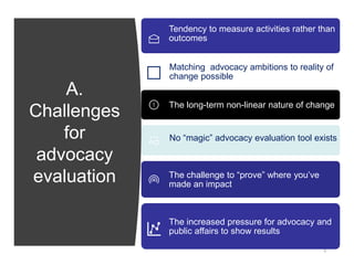 A.
Challenges
for
advocacy
evaluation
5
Tendency to measure activities rather than
outcomes
Matching advocacy ambitions to reality of
change possible
The long-term non-linear nature of change
No “magic” advocacy evaluation tool exists
The challenge to “prove” where you’ve
made an impact
The increased pressure for advocacy and
public affairs to show results
 