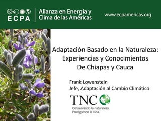 Adaptación Basado en la Naturaleza:
   Experiencias y Conocimientos
        De Chiapas y Cauca

     Frank Lowenstein
     Jefe, Adaptación al Cambio Climático
 