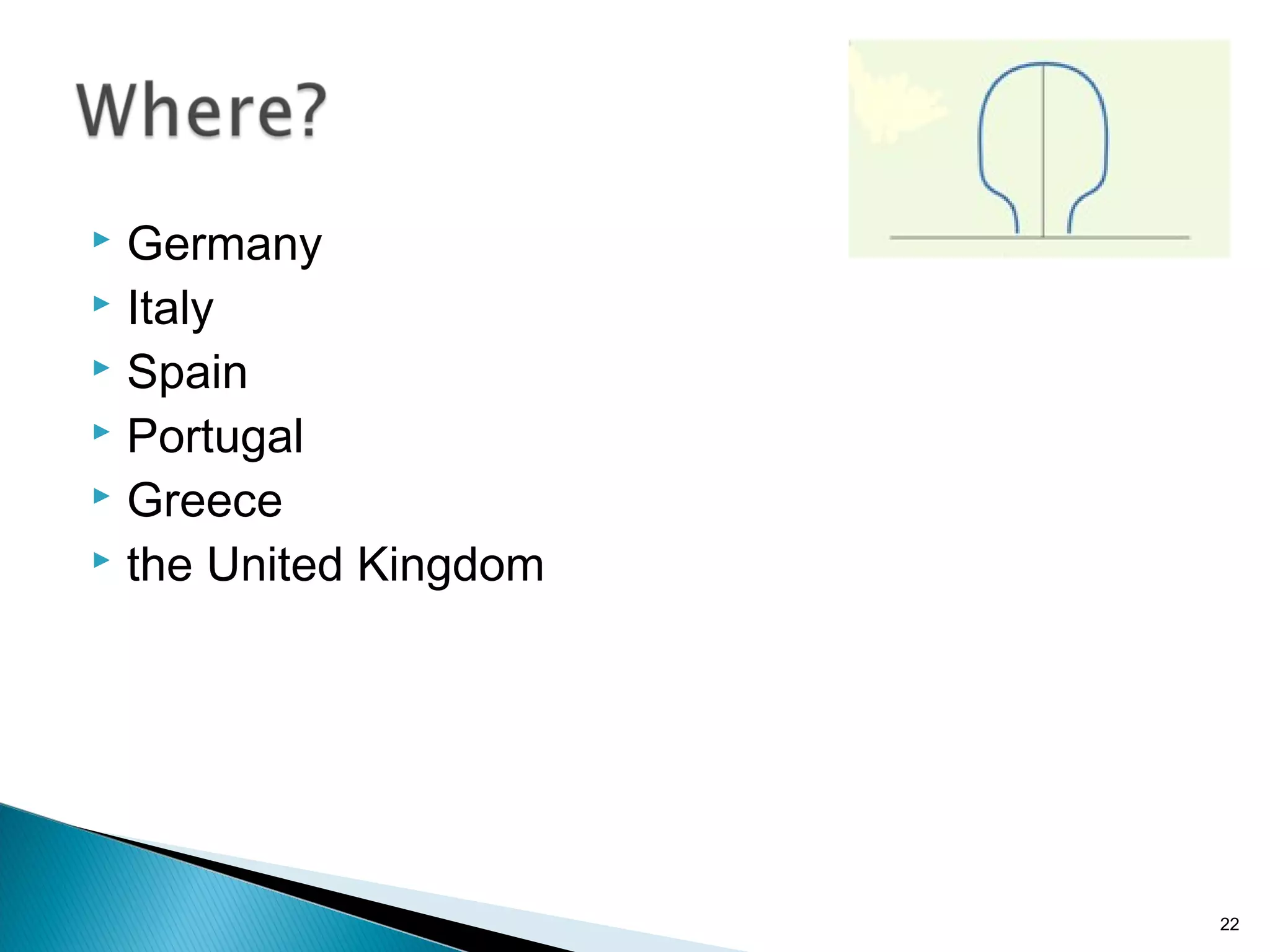 Germany
 Italy
 Spain
 Portugal
 Greece
 the United Kingdom


22

 