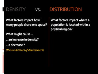 DENSITY 	vs. 	     DISTRIBUTIONWhat factors impact how many people share one space?What might cause……an increase in density?…a decrease ?(think indicators of development)What factors impact where a population is located within a physical region?