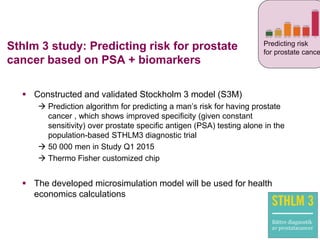 Sthlm 3 study: Predicting risk for prostate
cancer based on PSA + biomarkers
 Constructed and validated Stockholm 3 model (S3M)
 Prediction algorithm for predicting a man’s risk for having prostate
cancer , which shows improved specificity (given constant
sensitivity) over prostate specific antigen (PSA) testing alone in the
population-based STHLM3 diagnostic trial
 50 000 men in Study Q1 2015
 Thermo Fisher customized chip
 The developed microsimulation model will be used for health
economics calculations
Predicting risk
for prostate cance
 