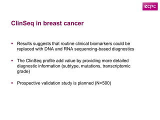 ClinSeq in breast cancer
 Results suggests that routine clinical biomarkers could be
replaced with DNA and RNA sequencing-based diagnostics
 The ClinSeq profile add value by providing more detailed
diagnostic information (subtype, mutations, transcriptomic
grade)
 Prospective validation study is planned (N=500)
 