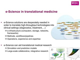 e-Science in translational medicine
 e-Science solutions are desperately needed in
order to translate high-throughput technologies into
clinical settings (diagnostics, treatment,…)
 e-infrastructure (computers, storage, networks,
frameworks)
 Methods, workflows/pipelines
 Operations, experience and expertise
 e-Science can aid translational medical research
 Simulation and prediction models
 Large-scale collaborative, integrative research
 