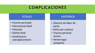 COMPLICACIONES
FETALES
• Muerte perinatal
• Macrosomía fetal
• Meconio
• Distrés fetal
• Insuficiencia
uteroplacentaria
MATERNOS
• Distocia de labor de
parto
• Parto por cesárea
• Trauma perianal
severo
• Hemorragia
postparto
 