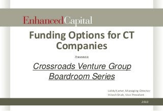 Funding Options for CT
Companies
Presented to

Crossroads Venture Group
Boardroom Series
Liddy Karter, Managing Director
Hitesh Shah, Vice President
2013

 