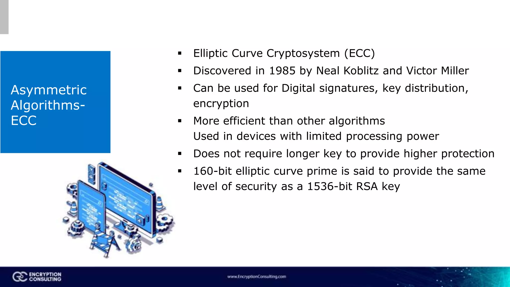 Asymmetric
Algorithms-
ECC
 Elliptic Curve Cryptosystem (ECC)
 Discovered in 1985 by Neal Koblitz and Victor Miller
 Can be used for Digital signatures, key distribution,
encryption
 More efficient than other algorithms
Used in devices with limited processing power
 Does not require longer key to provide higher protection
 160-bit elliptic curve prime is said to provide the same
level of security as a 1536-bit RSA key
 