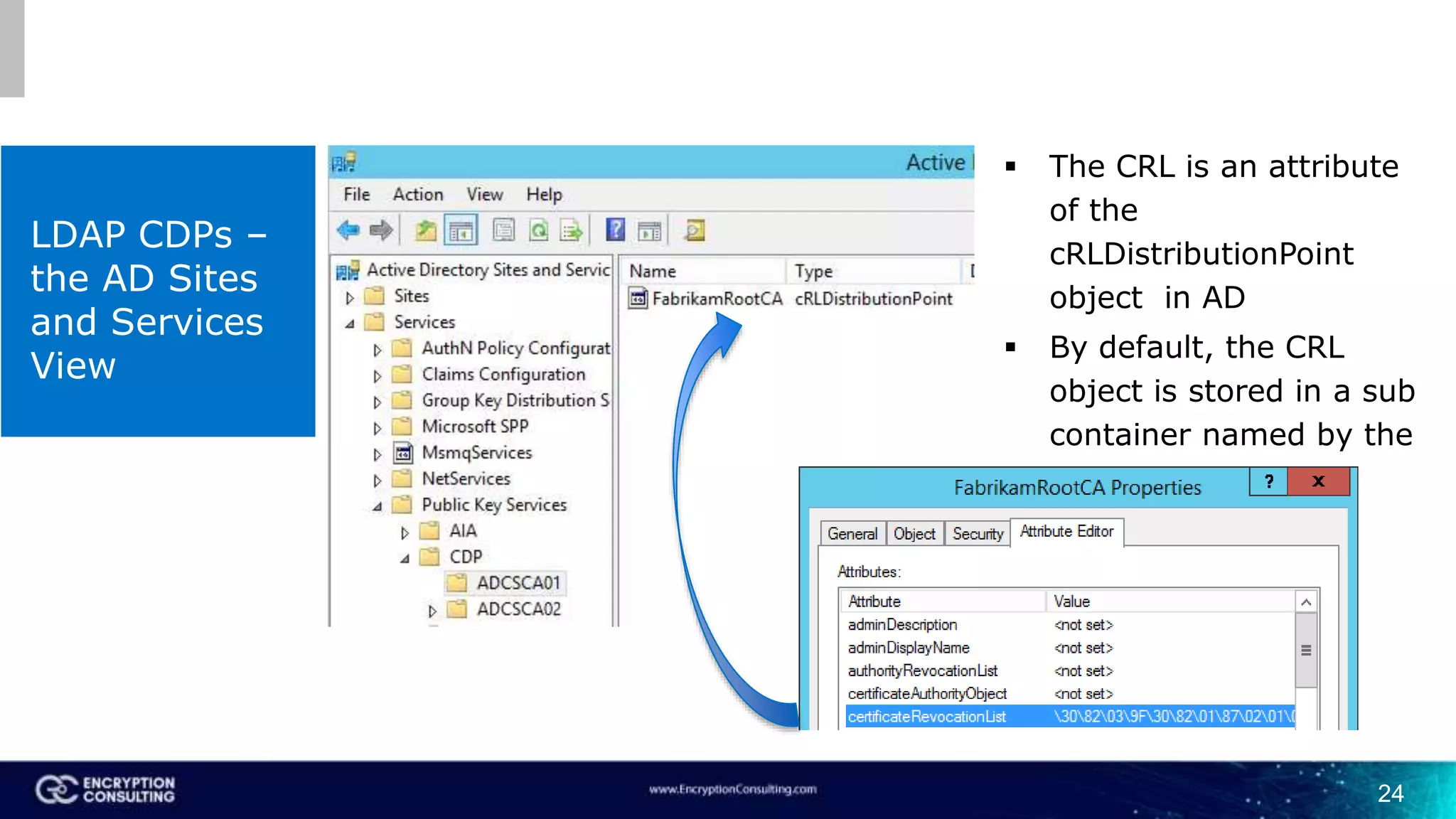 LDAP CDPs –
the AD Sites
and Services
View
 The CRL is an attribute
of the
cRLDistributionPoint
object in AD
 By default, the CRL
object is stored in a sub
container named by the
computer name
24
 