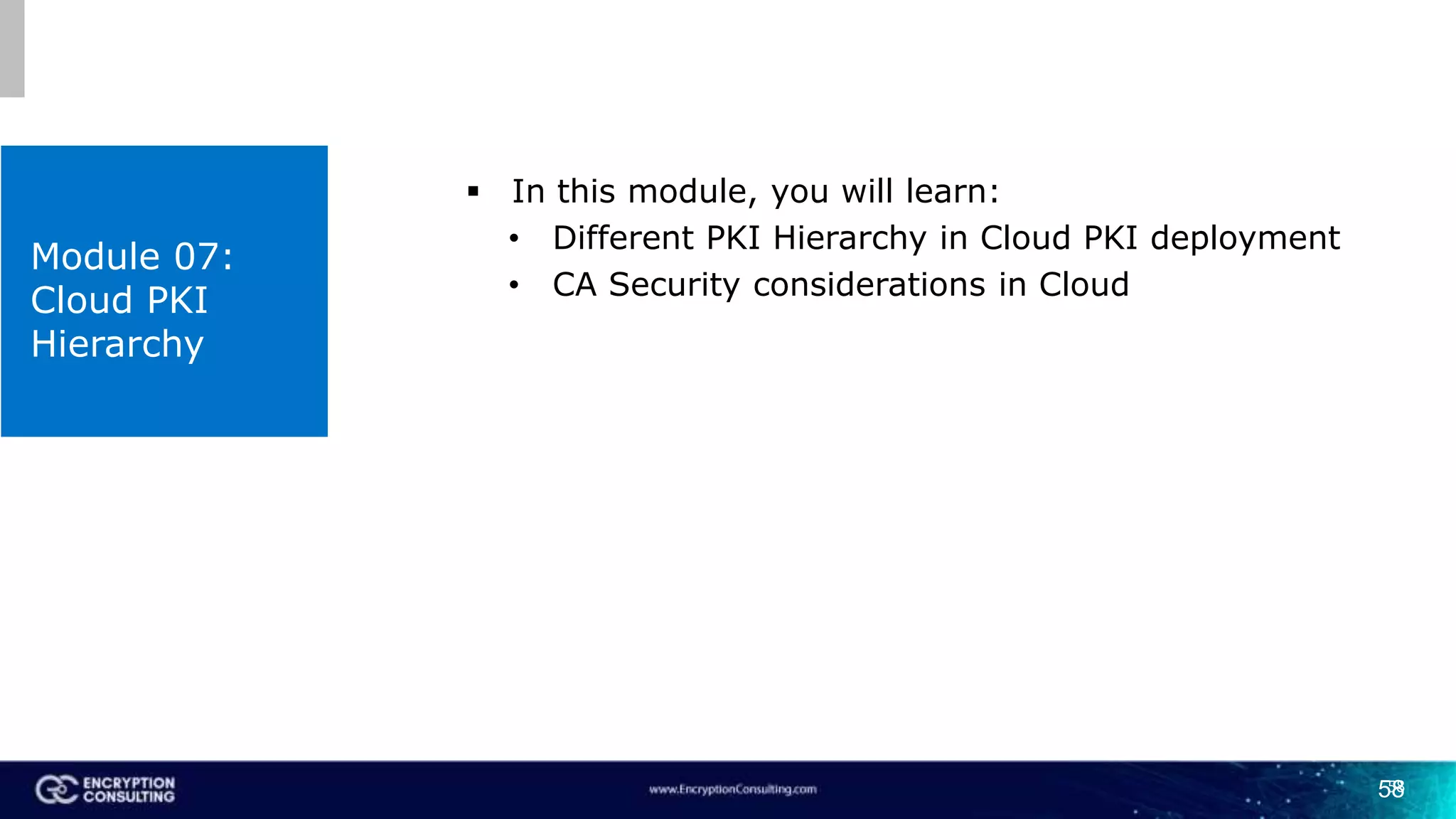 58
Module 07:
Cloud PKI
Hierarchy
58
 In this module, you will learn:
• Different PKI Hierarchy in Cloud PKI deployment
• CA Security considerations in Cloud
 