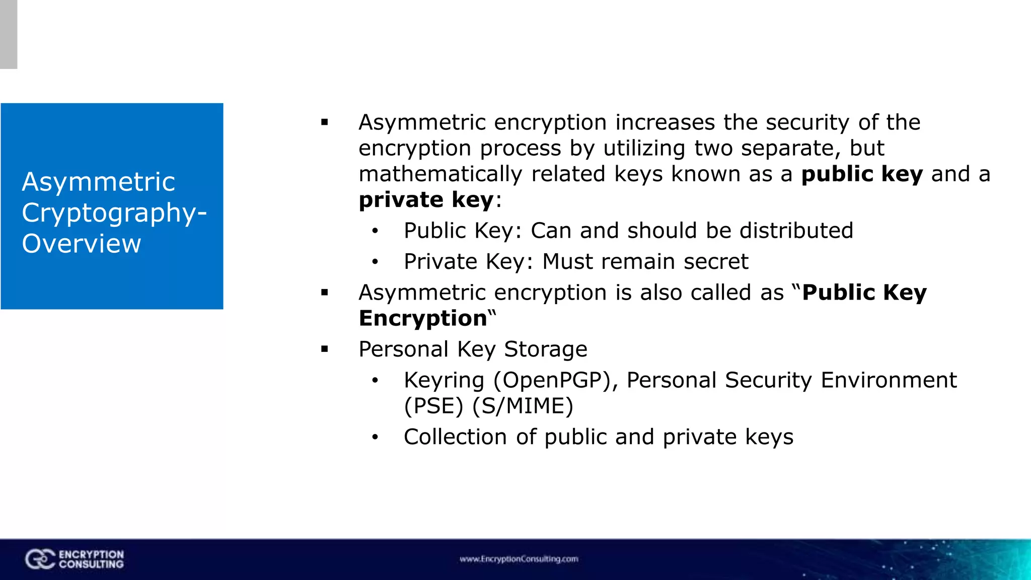 Asymmetric
Cryptography-
Overview
 Asymmetric encryption increases the security of the
encryption process by utilizing two separate, but
mathematically related keys known as a public key and a
private key:
• Public Key: Can and should be distributed
• Private Key: Must remain secret
 Asymmetric encryption is also called as “Public Key
Encryption“
 Personal Key Storage
• Keyring (OpenPGP), Personal Security Environment
(PSE) (S/MIME)
• Collection of public and private keys
 