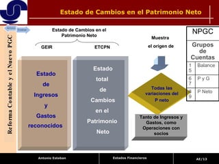 Todas las variaciones del P neto Tanto de Ingresos y Gastos, como Operaciones con socios Muestra  el origen de Estado de Ingresos y Gastos reconocidos   Estado total  de Cambios en el  Patrimonio  Neto GEIR  ETCPN Estado de Cambios en el Patrimonio Neto Reforma Contable y el Nuevo PGC Estado de Cambios en el Patrimonio Neto Estados Financieros NPGC Grupos de Cuentas 1 5 Balance 6 7 P y G 8 9 P Neto 