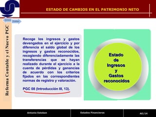 ESTADO DE CAMBIOS EN EL PATRIMONIO NETO   Recoge los ingresos y gastos devengados en el ejercicio y por diferencia el saldo global de los ingresos y gastos reconocidos, recogiendo diferenciadamente las transferencias que se hayan realizado durante el ejercicio a la cuenta de pérdidas y ganancias de acuerdo con los criterios fijados en las correspondientes normas de registro y valoración.  PGC 08 (Introducción III, 13).  Estado  de  Ingresos  y  Gastos  reconocidos Reforma Contable y el Nuevo PGC Estados Financieros 