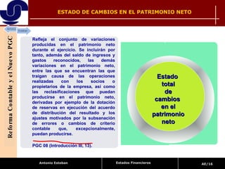 ESTADO DE CAMBIOS EN EL PATRIMONIO NETO  Refleja el conjunto de variaciones producidas en el patrimonio neto durante el ejercicio. Se incluirán por tanto, además del saldo de ingresos y gastos reconocidos, las demás variaciones en el patrimonio neto, entre las que se encuentran las que traigan causa de las operaciones realizadas con los socios o propietarios de la empresa, así como las reclasificaciones que puedan producirse en el patrimonio neto, derivadas por ejemplo de la dotación de reservas en ejecución del acuerdo de distribución del resultado y los ajustes motivados por la subsanación de errores o cambios de criterio contable que, excepcionalmente, puedan producirse.  PGC 08 (Introducción III, 13).   Estado  total de cambios  en el patrimonio neto Reforma Contable y el Nuevo PGC Estados Financieros 