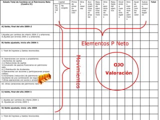 Movimientos Elementos P Neto OJO Valoración ¡OJO! Estado Total de Cambios en el Patrimonio Neto (Cuadro II) Capital Prima de emisión /asunción Otras reservas Acciones/participaciones propias Resultado de ejercicios anteriores Otras aportaciones de socios Resultado del ejercicio Dividendo a cuenta entregado Otros instrumentos de patrimonio Ajustes por cambio de valor Subvenciones, donaciones legados Total Escriturado No exigido A) Saldo, final del año 200X-2 Ajustes por cambios de criterio 200X-2 y anteriores. Ajustes por errores 200X-2 y anteriores. B) Saldo ajustado, inicio año 200X-1 I. Total de Ingresos y Gastos reconocidos. II. Operaciones con socios o propietarios. Aumentos de capital. () Reducciones de capital. Conversión de pasivos financieros en patrimonio neto.  () Distribución de dividendos. Operaciones con acciones y participaciones propias (netas). Incremento (reducción) de patrimonio neto resultante de una combinación de negocios. Otras operaciones con socios o propietarios. III. Otras variaciones del patrimonio neto C) Saldo, final del año 200X-1 I. Ajustes por cambios de criterio 200X-1 II. Ajustes por errores 200X-1 D) Saldo ajustado, inicio  año 200X I. Total de Ingresos y Gastos reconocidos II. Operaciones con socios o propietarios. Aumentos de capital. () Reducciones de capital. Conversión de pasivos financieros en patrimonio neto.  () Distribución de dividendos. Operaciones con acciones y participaciones propias (netas). Incremento (reducción) de patrimonio neto resultante de una combinación de negocios. Otras operaciones con socios o propietarios. III. Otras variaciones del patrimonio neto E) Saldo, final del año 200X 