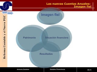 Patrimonio Situación financiera Resultados Las nuevas Cuentas Anuales:  Imagen fiel Reforma Contable y el Nuevo PGC Imagen fiel Estados Financieros 