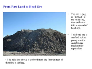 From Raw Land to Head Ore 
• The ore is dug, 
or “ripped” at 
the mine site, 
then collected 
into a mound of 
head ore. 
• This head ore is 
crushed before 
going into the 
AuraSource 
machine for 
separation. 
• The head ore above is derived from the first ten feet of 
the mine’s surface. 
 