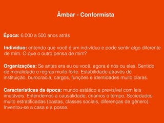 Indivíduo: entendo que você é um indivíduo e pode sentir algo diferente
de mim. O que o outro pensa de mim?
Época: 6.000 a 500 anos atrás
Organizações: Se antes era eu ou você, agora é nós ou eles. Sentido
de moralidade e regras muito forte. Estabilidade através de
instituição, burocracia, cargos, funções e identidades muito claras.
Características da época: mundo estático e previsível com leis
imutáveis. Entendemos a causalidade, criamos o tempo, Sociedades
muito estratiﬁcadas (castas, classes sociais, diferenças de gênero).
Inventou-se a casa e a posse.
Âmbar - Conformista
 