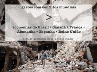 gastos com conflitos mundiais
>
economias do Brasil + Canadá + França +
Alemanha + Espanha + Reino Unido
(13% do PIB mundial em 2014, US$14 trilhões)
 