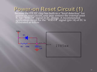 Because the ITE EC chip has built-in a “level detection” for 
power-on reset circuit, user may remove the external reset 
IC for “WRST#” signal in EC design. A recommended 
application circuit for the “WRST#” signal (pin 14) of EC is 
illustrated as follow 
18 
Vstby 
D1 
C1 
1uF 
WRST# 
R1 100K 
pin 14 
IT85xx 
 