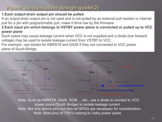 1.Each output-drain output pin should be pulled 
If an output-drain output pin is not used and is not pulled by an external pull resistor or internal 
pull for a pin with programmable pull, make it drive low by the firmware. 
2.Each input pin which belongs to VSTBY power plane is connected or pulled up to VCC 
power plane 
Such cases may cause leakage current when VCC is not supplied and a diode (low forward 
voltage) may be used to isolate leakage current from VSTBY to VCC. 
For example, use diodes for KBRST# and GA20 if they are connected to VCC power 
plane of South-Bridge. 
20 
THE SAME POWER PLANE IS MUST 
R 
GPIO 
R 
Vstby 
IT851x 
Vstby 
INTERNAL PULL HIGH 
EXTERNAL PULL HIGH 
DIFFERENT POWER PLANE 
R 
Vstby 
"GOOD" 
IT851x R 
INTERNAL PULL HIGH 
VCC 
EXTERNAL PULL HIGH 
South Bridge/Other Devices 
2 1 
Schottky Diode("low" forward voltage) 
(FOR REFERENCE ONLY) 
GPIO 
Note: Such as KBRST#, GA20, SCI#…..etc., use a diode to connect to VCC 
power plane (South Bridge) to isolate leakage current. 
Note: Not only above pins but also all GPIOs are necessary for consideration. 
Note: Most pins of IT851x belong to Vstby power plane. 
 