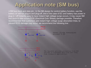 SM bus clock and data pin : In the NB design for control battery function, use the 
battery on will hot plug-in and plug-off, and in the case of EC and battery has power in 
plug in / off instantly easy to have instant high voltage surge occurs, it may cause SM 
bus clock & data occurs EOS (Electrical Over Stress) damage possible. Therefore 
recommended that customers add instant high voltage surge absorption lines, to 
prevent EOS damage may occur, we recommend the following line : 
23 
SMB_DAT 
D3 
Zener Diode 
Zener Diode Breakdown 
around 5.6V 
D2 
Zener Diode 
SMB_CLK 
D4 
Varistor 
C1 
100P 
SMB_DAT 
D5 
Varistor 
The Varistor provides protection from ESD 
and EFT in highspeed data-line and other 
high frequency applications. 
SMB_CLK 
C2 
100P 
 