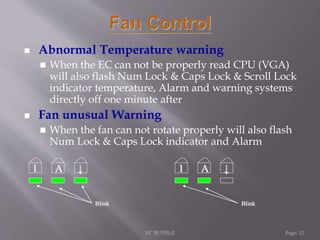  Abnormal Temperature warning 
 When the EC can not be properly read CPU (VGA) 
will also flash Num Lock & Caps Lock & Scroll Lock 
indicator temperature, Alarm and warning systems 
directly off one minute after 
 Fan unusual Warning 
 When the fan can not rotate properly will also flash 
Num Lock & Caps Lock indicator and Alarm 
EC 應用概述Page: 32 
1 A ↓ 
Blink 
1 A ↓ 
Blink 
 