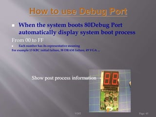  When the system boots 80Debug Port 
automatically display system boot process 
From 00 to FF 
 Each number has its representative meaning 
For example 13 KBC initial failure, 38 DRAM failure, 49 VGA ... 
Show post process information 
VDIT Page: 45 
 
