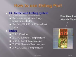  EC Detect and Debug system 
 Link Debug Board required only after adjustment 
 Use www key & email key 
adjustments Index 
 Use Fn + F1 & Fn + F2 to adjust 
Index 
 Index 
 00 EC Version 
 01 CPU Remote Temperature 
 02 CPU Local Temperature 
 03 VGA Remote Temperature 
 04 VGA Local Temperature 
First Show Index 
After the Show 
EC 應用概述Page: 46 
 