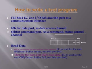  ITE 8512 EC Use I / O 62h and 66h port as a 
communication interface 
 62h for data port, as data access channel 
 66hfor command port, As a command, status control 
channel 
 Read Data 
Bit7 Bit0 
- - - - - - IBF OBF 
 First by the command port (66h) under the control command: EC to wait for the end 
IBE(Input Buffer Empty, test 66h port bit1) 
 Then by the data port (62h) read data :EC to wait for the 
end OBF(Output Buffer Full, test 66h port bit0) 
VDIT Page: 50 
 