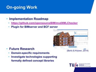 On-going Work 
• Implementation Roadmap 
• https://github.com/opensourceBIM/mvdXMLChecker 
• Plugin for BIMserver and BCF server 
• Future Research 
• Domain-specific requirements 
• Investigate technologies supporting 
formally defined concept libraries 
(Berlo & Krijnen, 2014) 
 