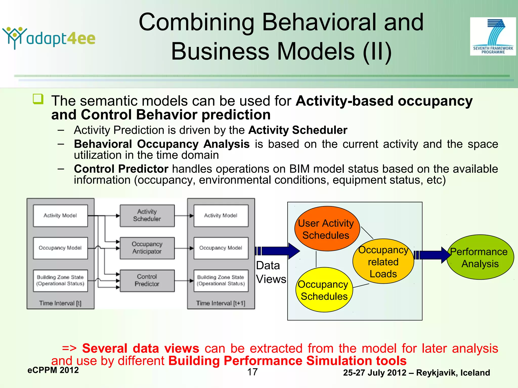 Combining Behavioral and
                     Business Models (II)
 The semantic models can be used for Activity-based occupancy
  and Control Behavior prediction
     – Activity Prediction is driven by the Activity Scheduler
     – Behavioral Occupancy Analysis is based on the current activity and the space
       utilization in the time domain
     – Control Predictor handles operations on BIM model status based on the available
       information (occupancy, environmental conditions, equipment status, etc)


                                                 User Activity
                                                  Schedules
                                                                 Occupancy           Performance
                                         Data                     related              Analysis
                                                                   Loads
                                         Views Occupancy
                                                 Schedules




     => Several data views can be extracted from the model for later analysis
    and use by different Building Performance Simulation tools
eCPPM 2012                             17                  25-27 July 2012 – Reykjavik, Iceland
 