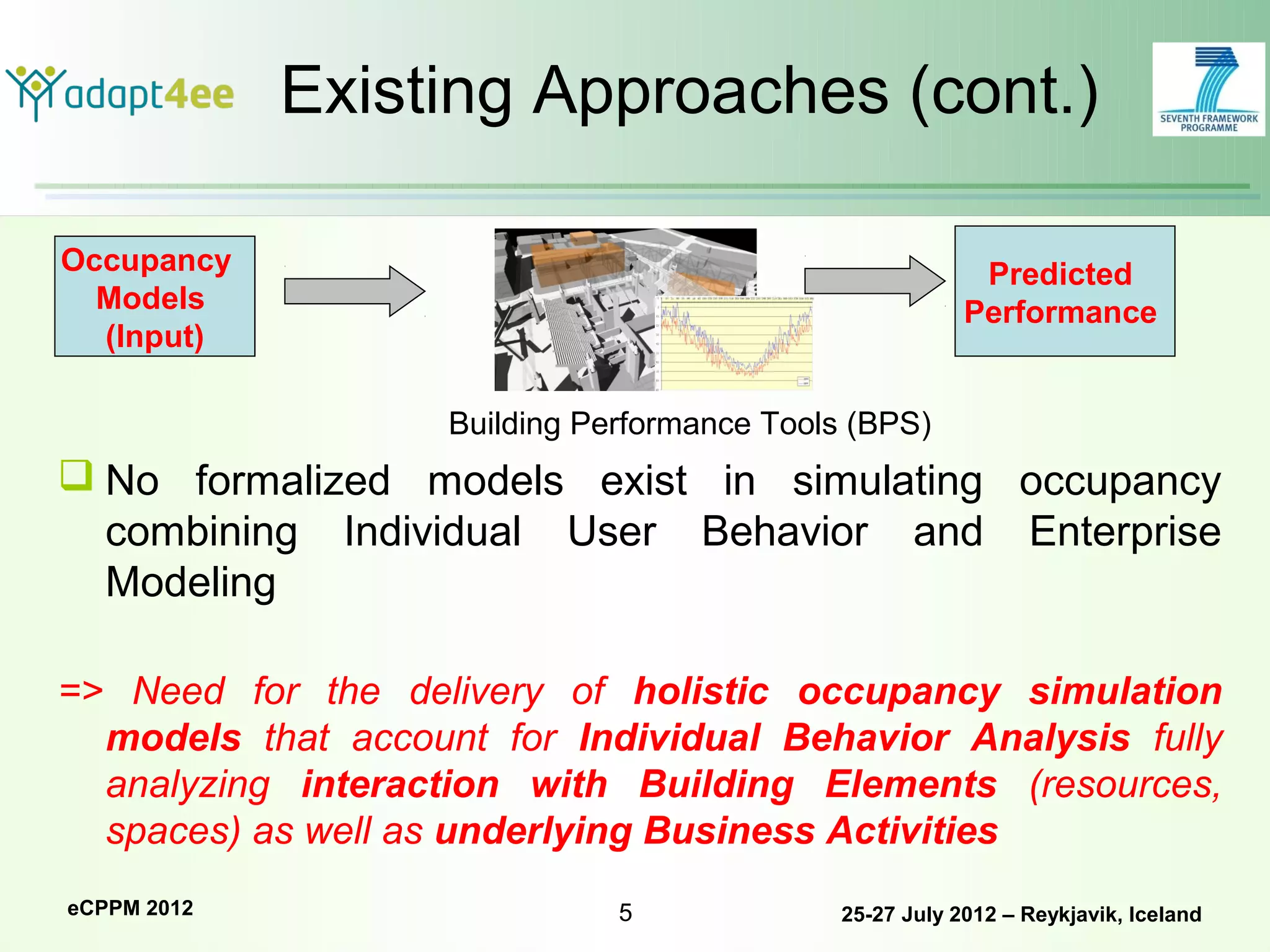 Existing Approaches (cont.)

Occupancy                                                  Predicted
  Models                                                  Performance
  (Input)

                    Building Performance Tools (BPS)
 No formalized models exist in simulating occupancy
  combining Individual User Behavior and Enterprise
  Modeling

=> Need for the delivery of holistic occupancy simulation
  models that account for Individual Behavior Analysis fully
  analyzing interaction with Building Elements (resources,
  spaces) as well as underlying Business Activities
eCPPM 2012                     5              25-27 July 2012 – Reykjavik, Iceland
 